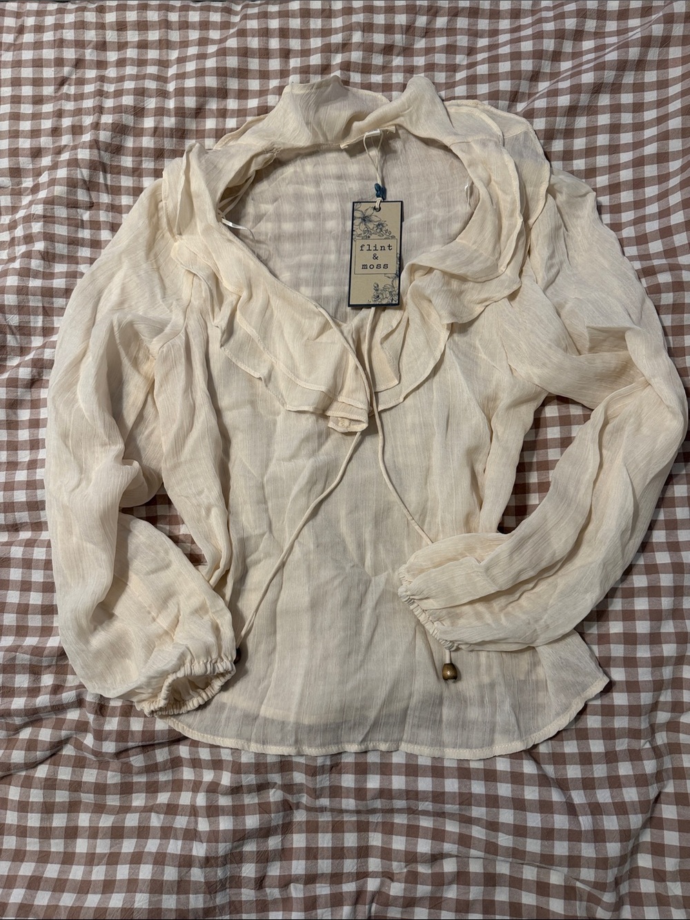 Flint & Moss Cream Ruffle-Trim Long Sleeve Blouse